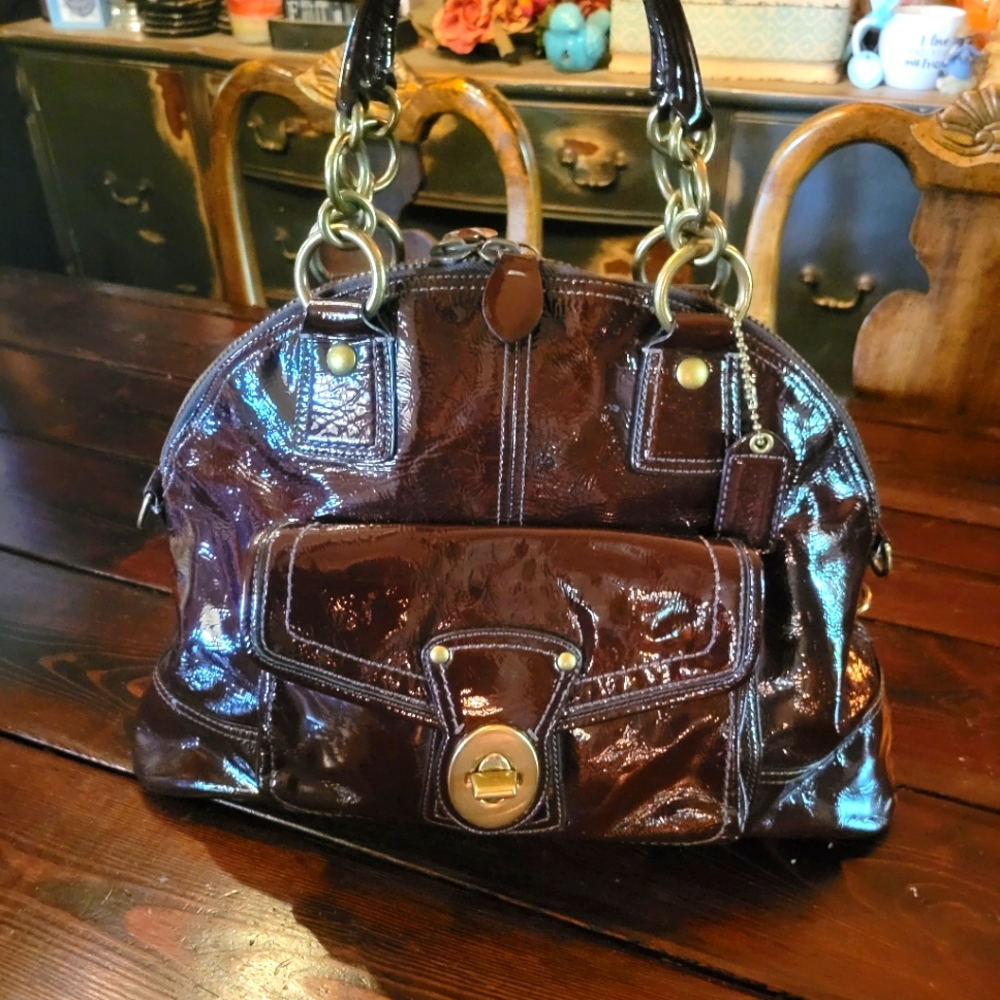 Coach Francine Mahogany Patent Leather Domed Satc